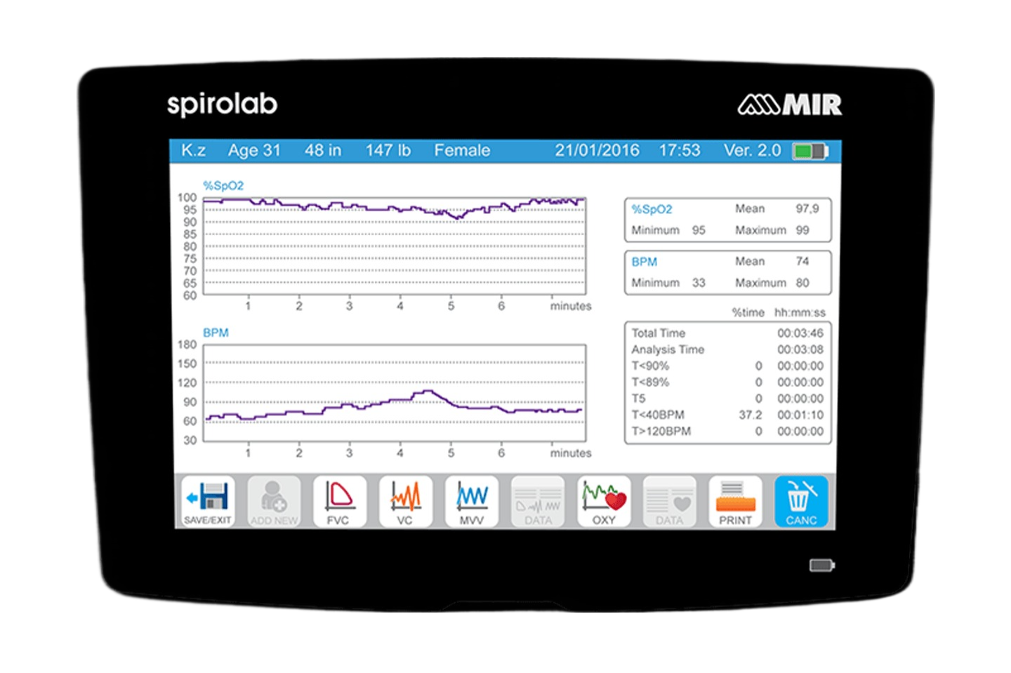 Спирометр Spirolab с пульсоксиметрическим модулем + 3 одноразовые турбины + SPO2 - Фото 1