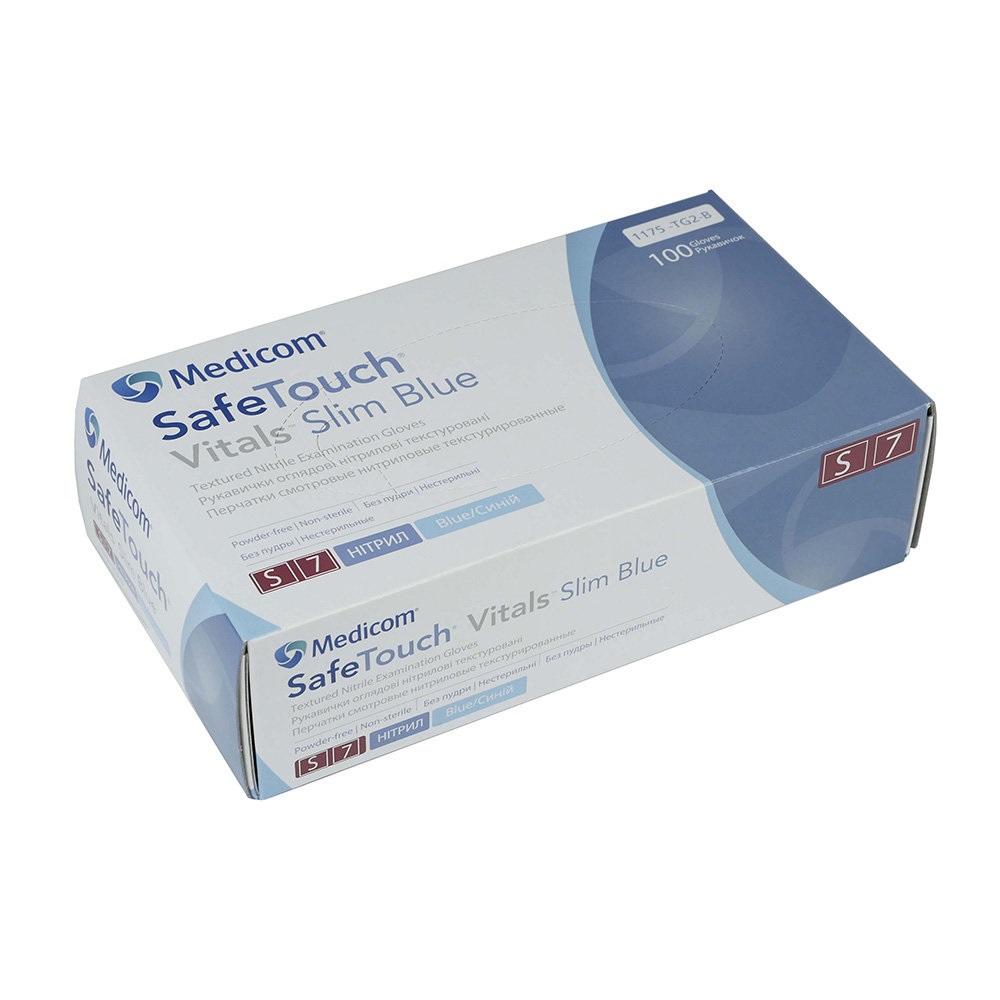 Перчатки нитриловые без пудры SafeTouch VitalsTM Slim Blue (50 пар) - Фото 1